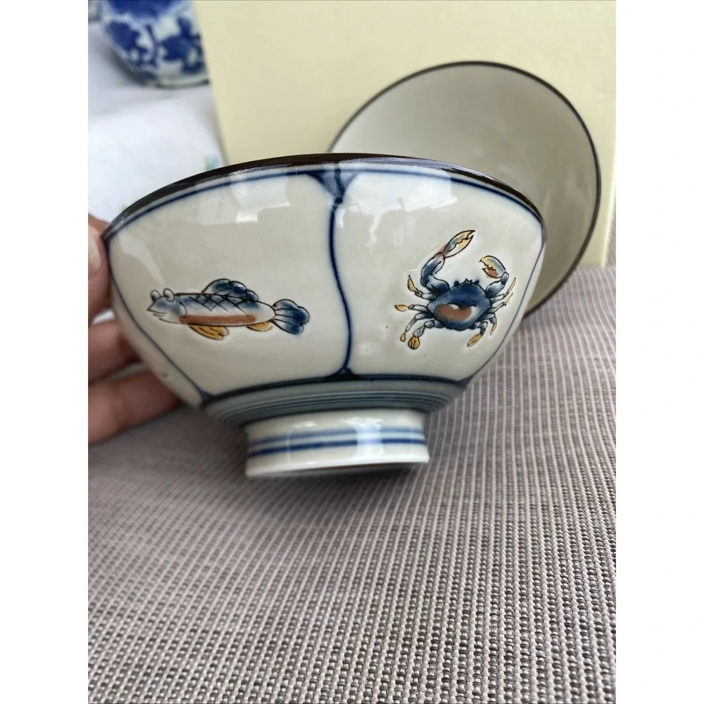 2Japanese Footed Porcelain Rice/Soup Bowls Hand Painted Crabs Shrimp Fish 5